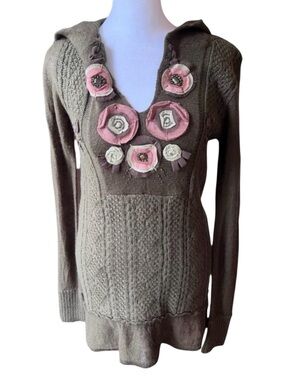 HUSH Forest Green Hooded Sweater Pink Flower Appliqués Size Small